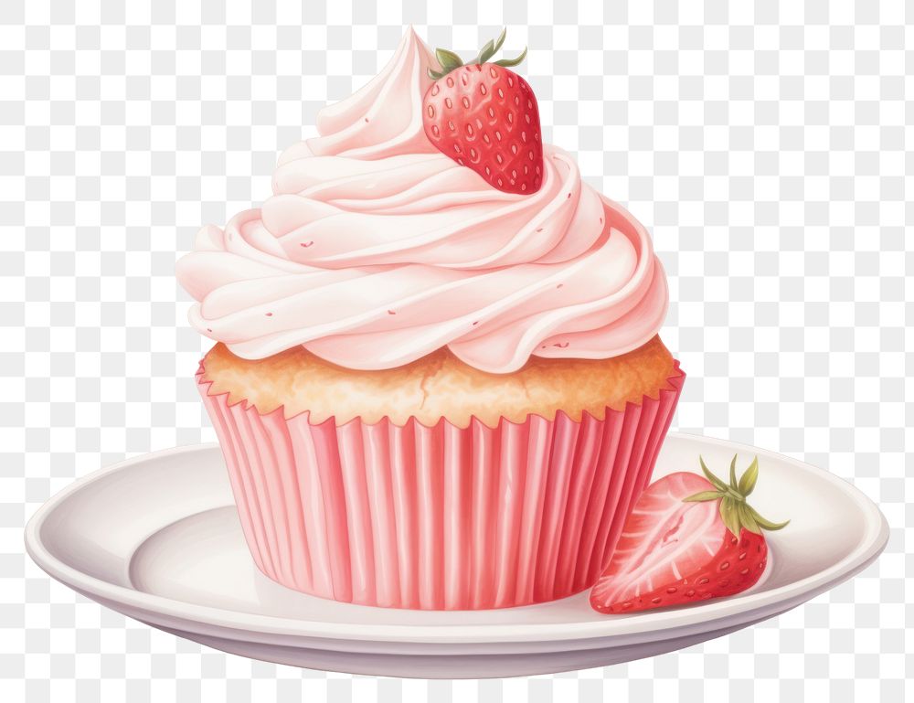 PNG Strawberry cupcake cream plate, digital paint illustration. AI generated image