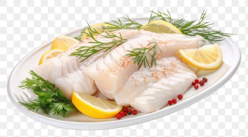 PNG Raw cod fillets plate seafood lemon. AI generated Image by rawpixel.