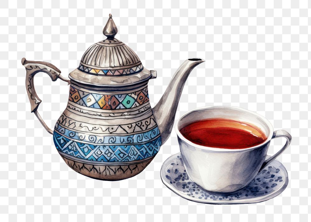 PNG Cup teapot coffee drink, digital paint illustration. AI generated image