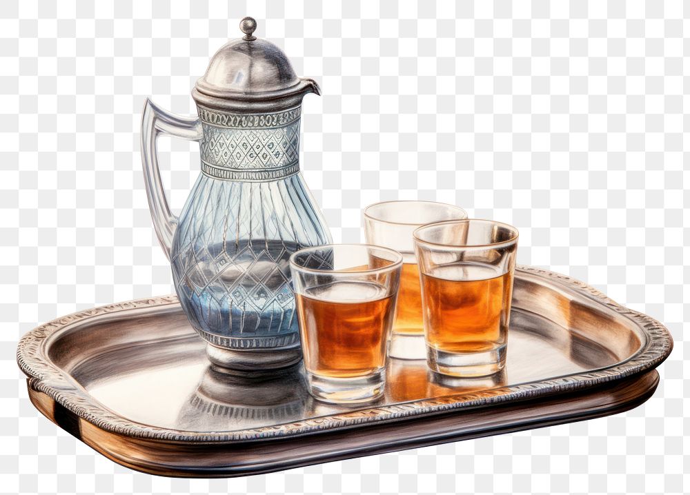 PNG Glass tray drink jug, digital paint illustration. AI generated image