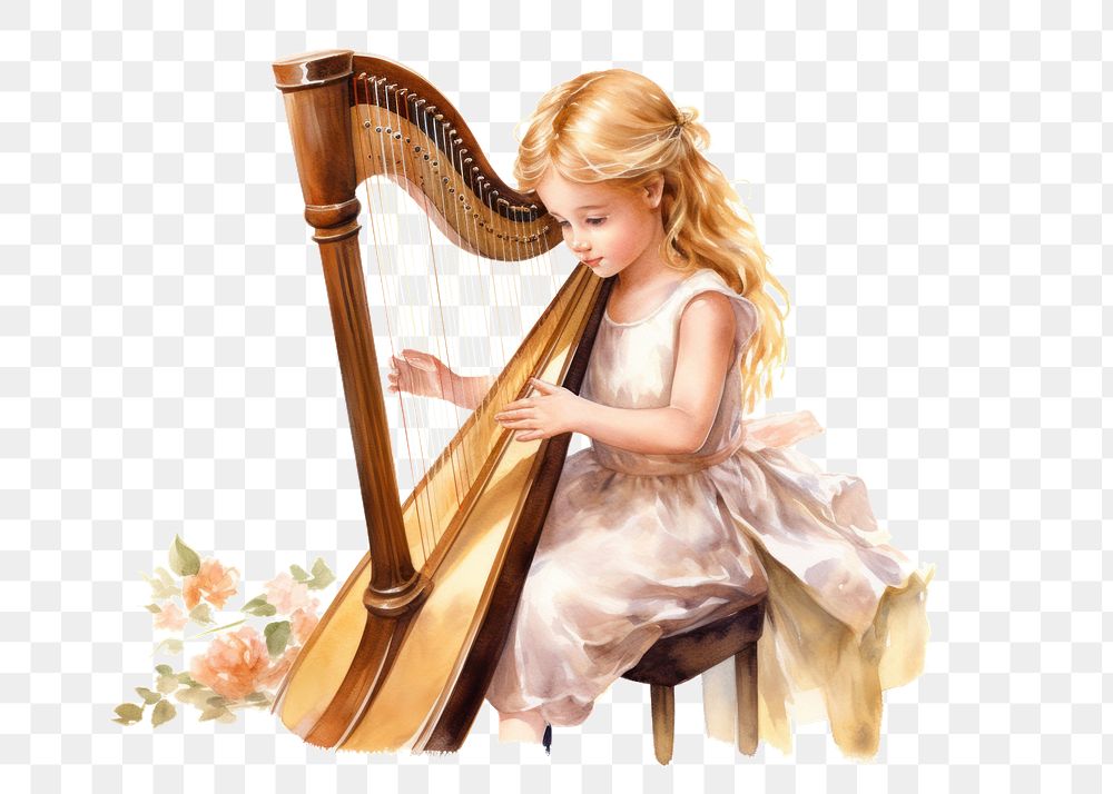 PNG Harp girl white background performance. AI generated Image by rawpixel.