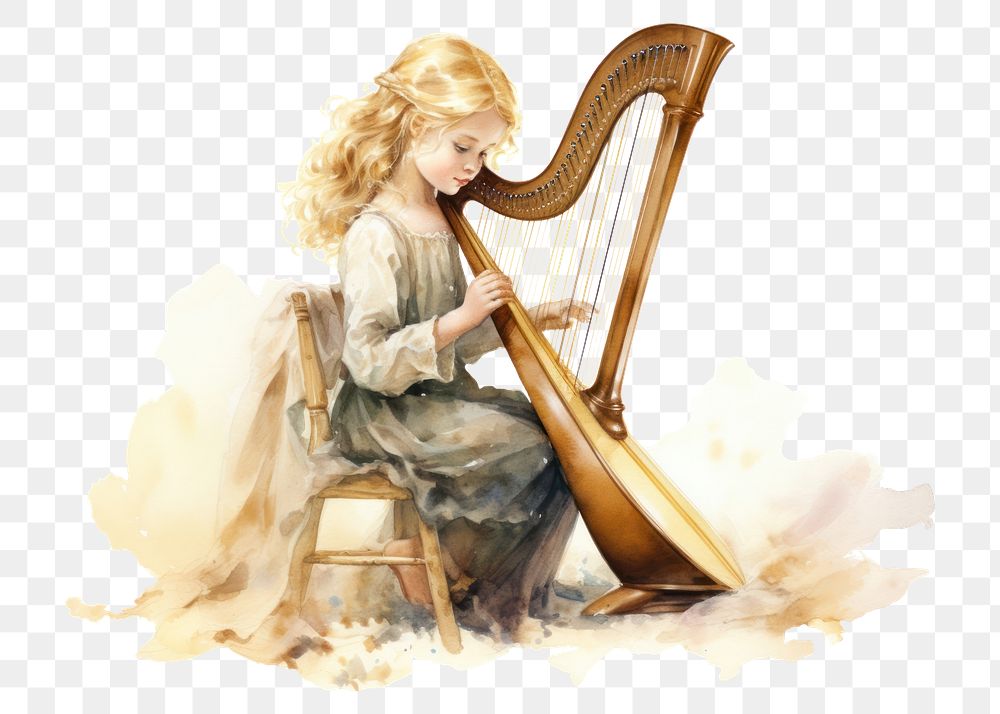 PNG Harp girl white background performance. AI generated Image by rawpixel.
