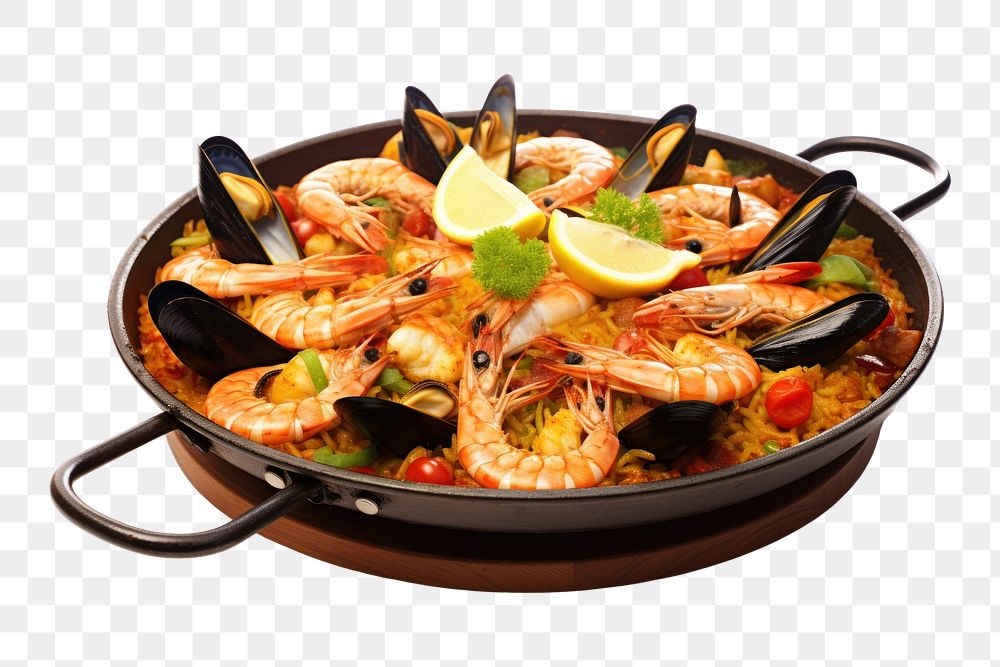 PNG Seafood paella meal dish. 