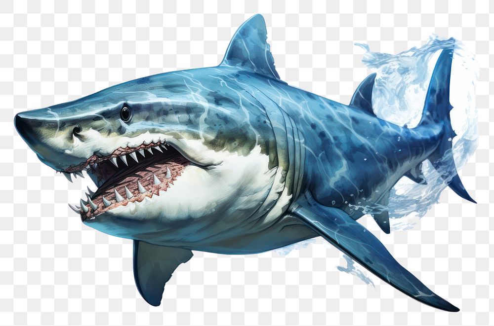 PNG Shark underwater swimming animal, digital paint illustration. AI generated image