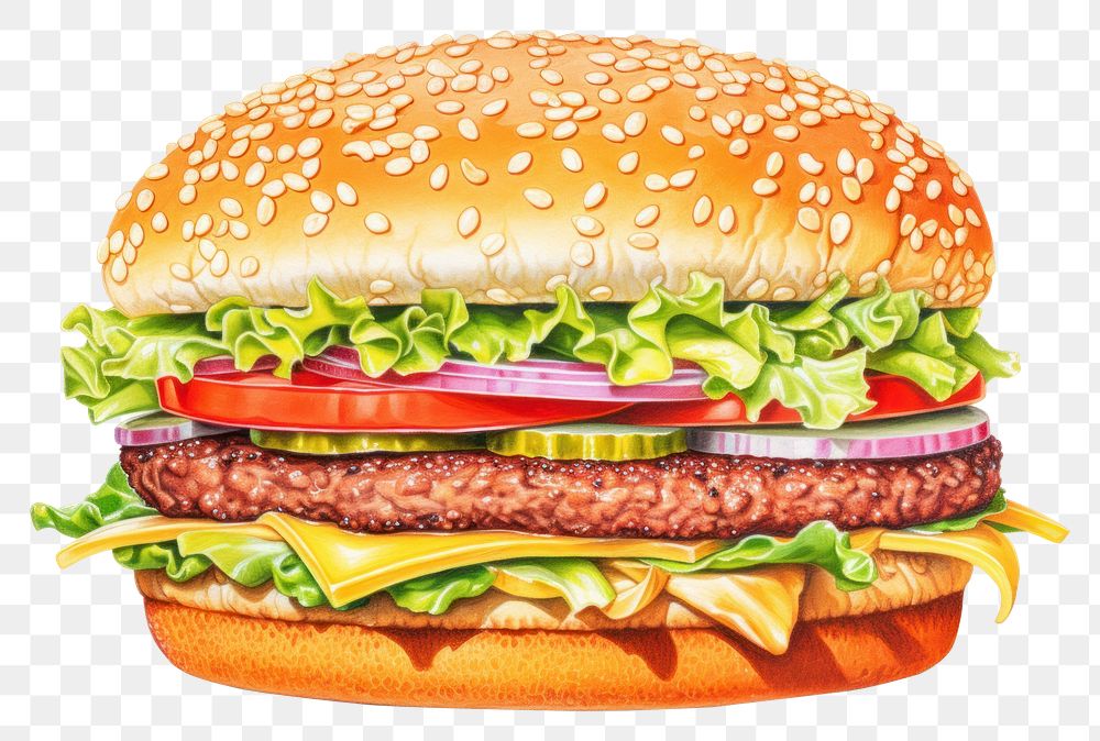 PNG Hamburger food white background vegetable, digital paint illustration. AI generated image