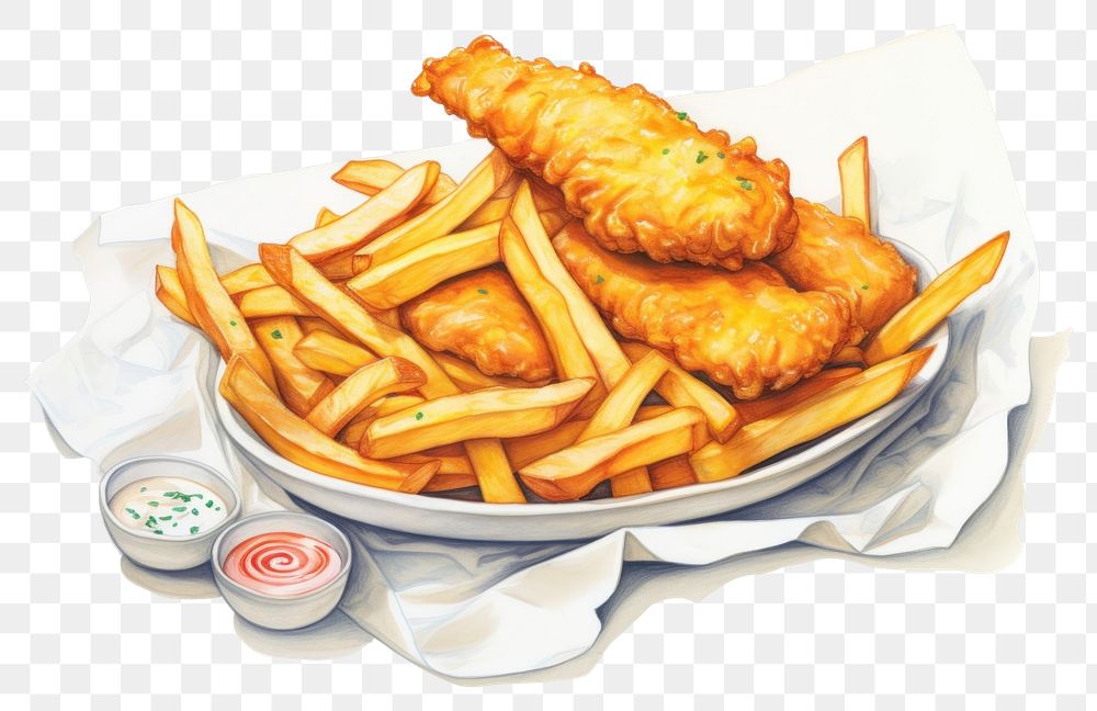 PNG Plate food meal fish, digital paint illustration. AI generated image