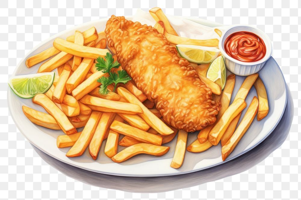 PNG Ketchup plate food fish, digital paint illustration. AI generated image