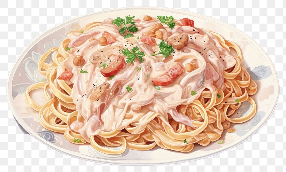 PNG Spaghetti noodle pasta cream, digital paint illustration. AI generated image