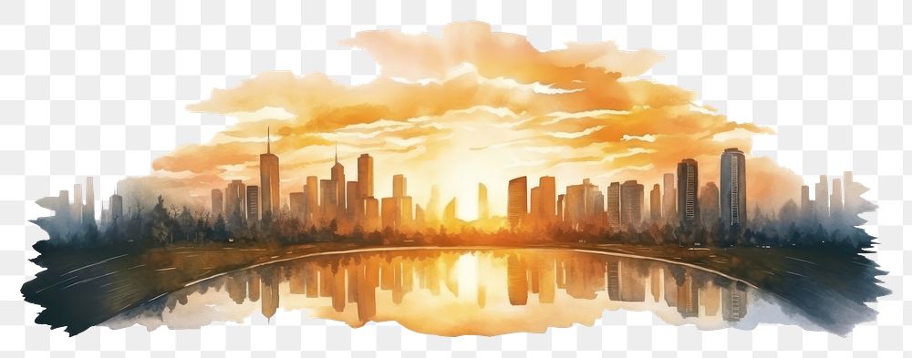 PNG Painting sunset city landscape. AI generated Image by rawpixel.