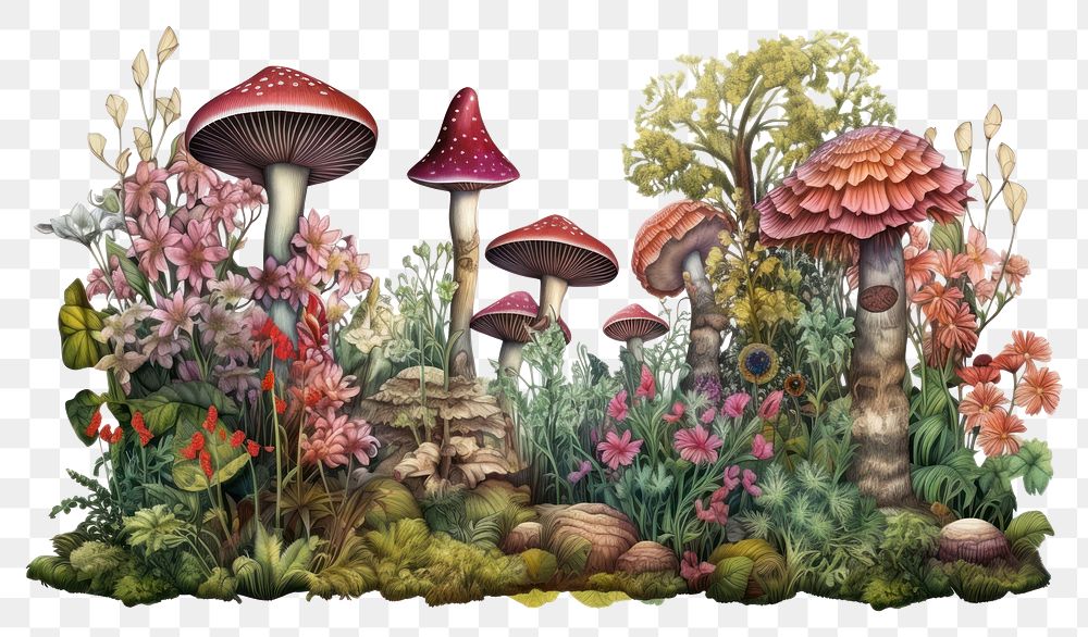 PNG Garden mushroom drawing fungus. AI generated Image by rawpixel.