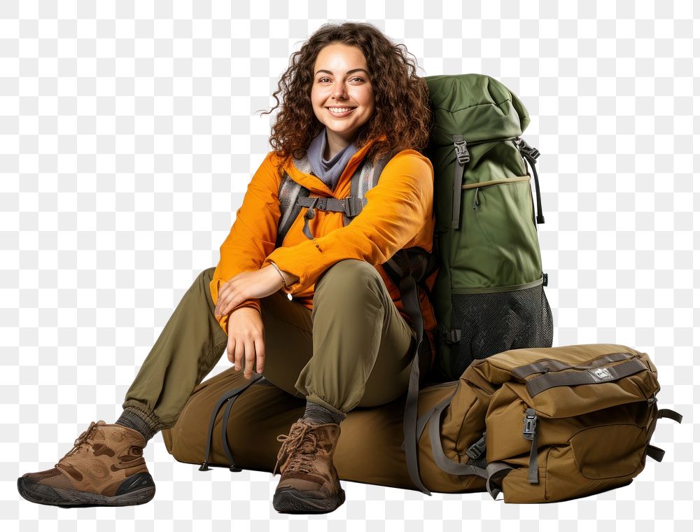 PNG Backpack smiling sitting adult. AI generated Image by rawpixel.