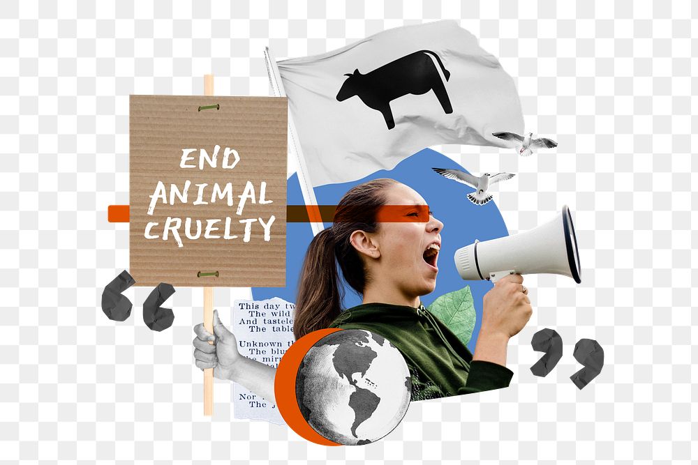 End animal cruelty png, woman protesting remix, transparent background