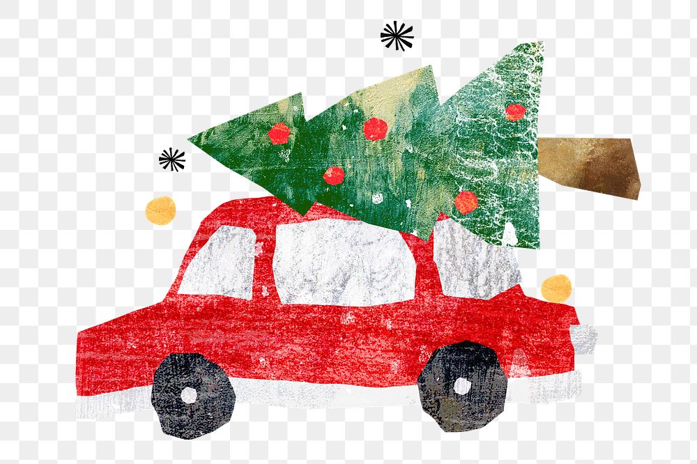 Christmas tree on car png, paper craft collage, transparent background