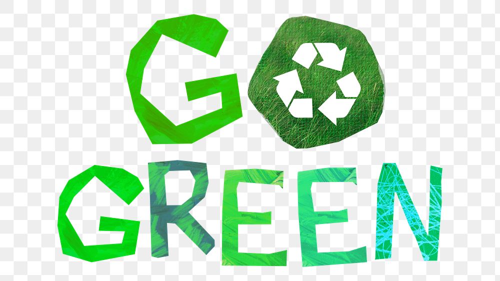 Go green png word, environment paper craft, transparent background