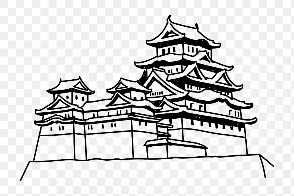 PNG Himeji Castle Japan doodle illustration, transparent background