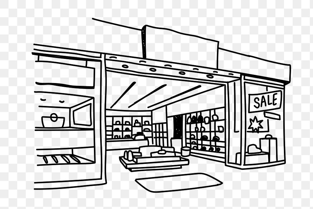 PNG retail store front doodle illustration, transparent background