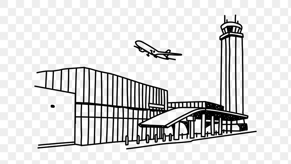 PNG airport & airplane doodle illustration, transparent background