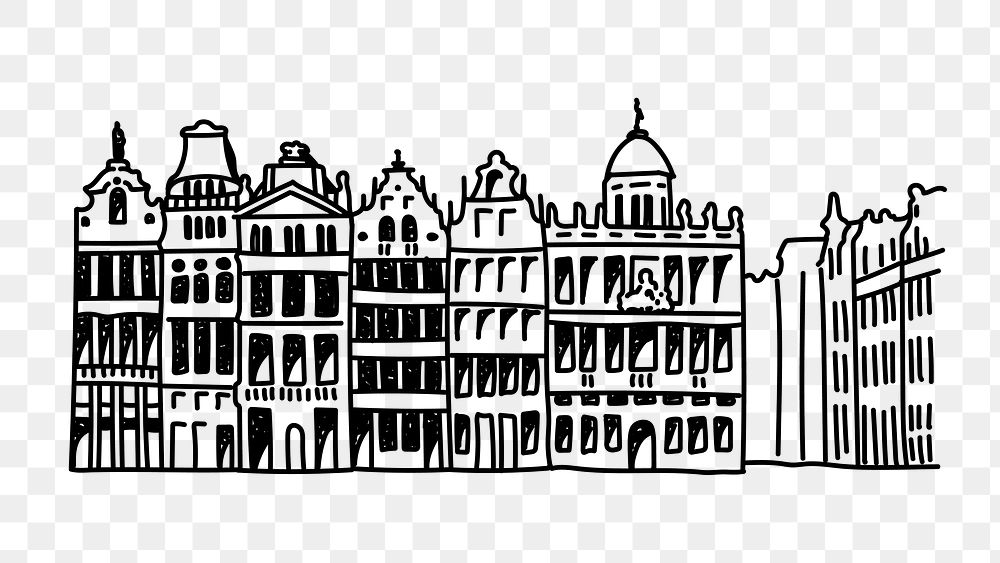 PNG Grand Place Belgium doodle illustration, transparent background