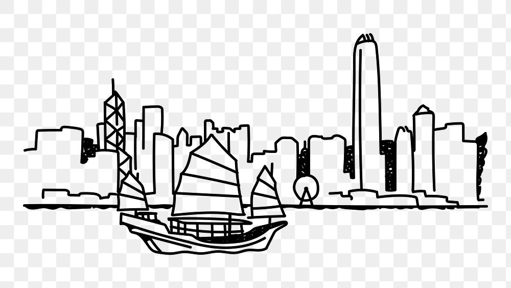 PNG Victoria Harbour Hong Kong doodle illustration, transparent background