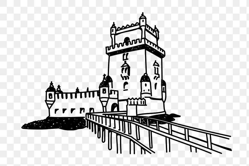 PNG Belém Tower Portugal doodle illustration, transparent background