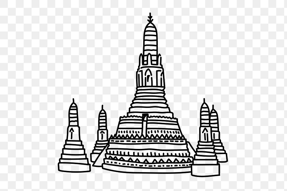 PNG Arun Ratchawararam Temple Thailand doodle illustration, transparent background