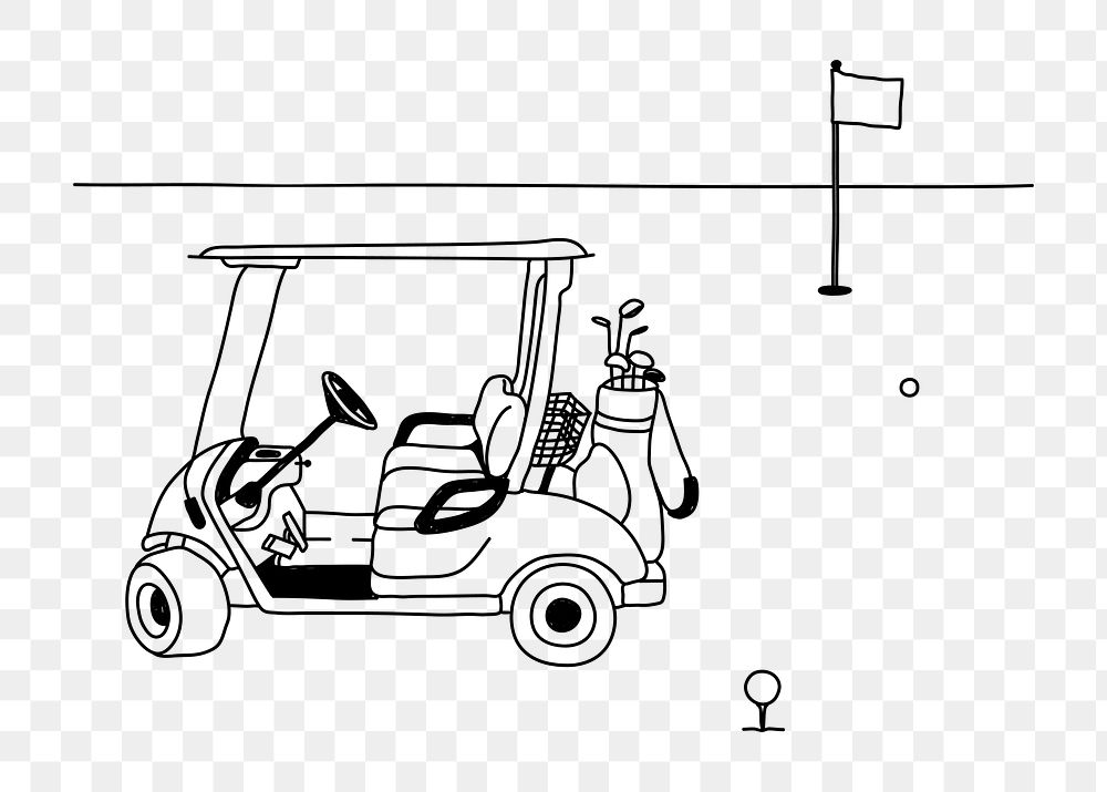 PNG golf cart & course doodle illustration, transparent background