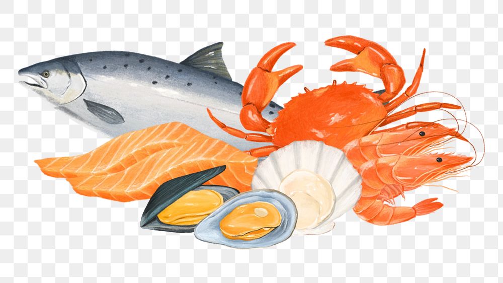 PNG Fresh seafood, salmon, crab & shellfish illustration, transparent background