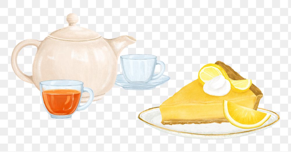 PNG Lemon cheesecake & tea, dessert illustration, transparent background