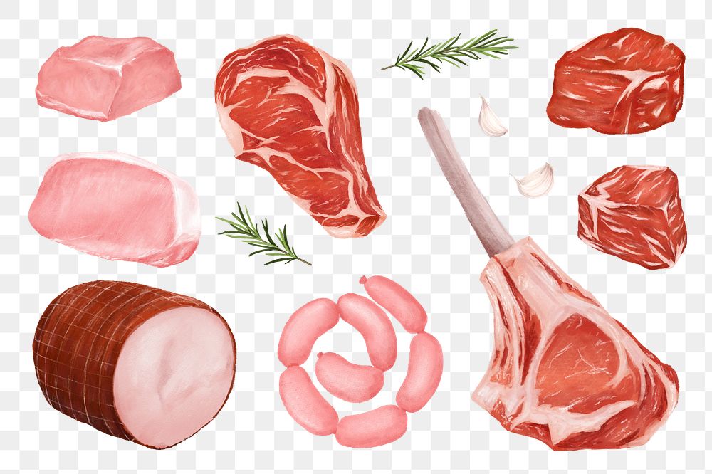 PNG Fresh meat butchery, food illustration set, transparent background
