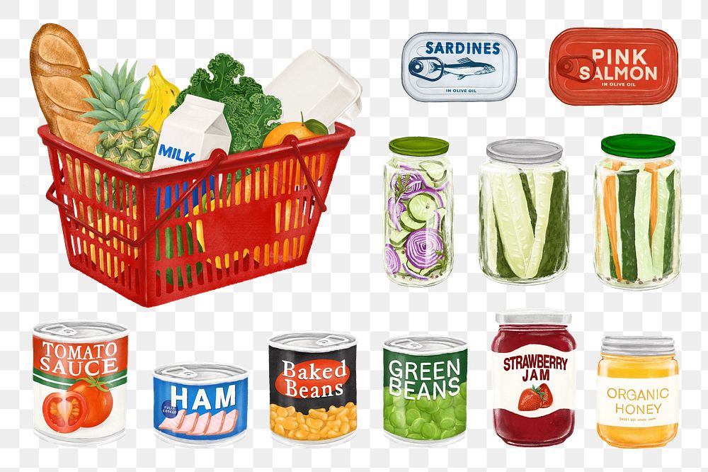 PNG Canned food, grocery food collage element set, transparent background