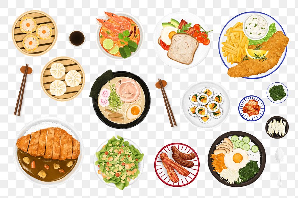 PNG Delicious Asian food collage element set, transparent background