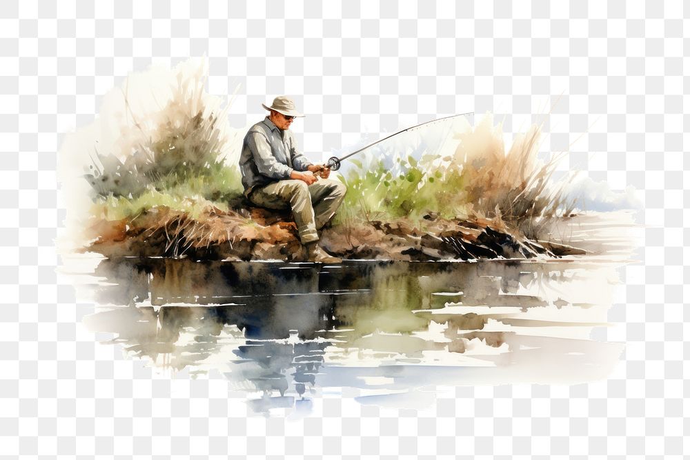 PNG Man sitting fishing outdoors adult water. AI generated Image by rawpixel.