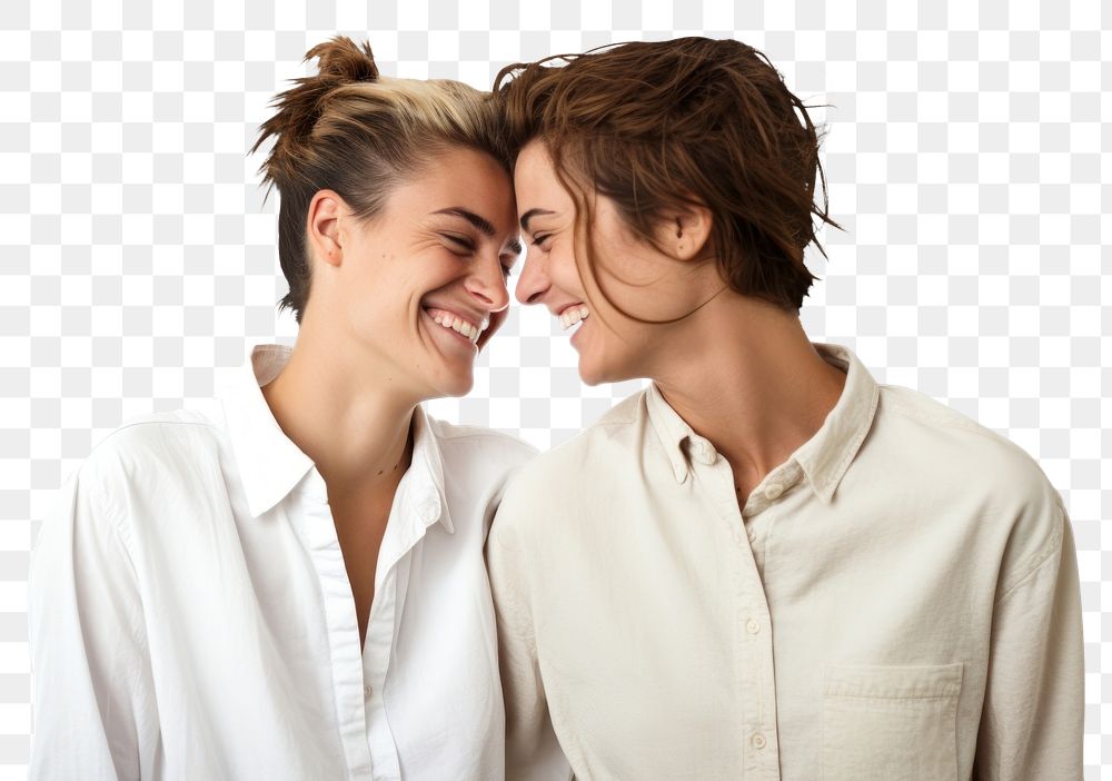 PNG Romantic gay lesbian couple laughing romantic smiling. 