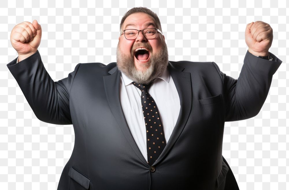 PNG Fat man celebrating success shouting glasses adult. AI generated Image by rawpixel.
