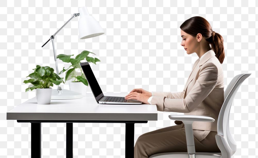PNG Working woman computer sitting table. AI generated Image by rawpixel.