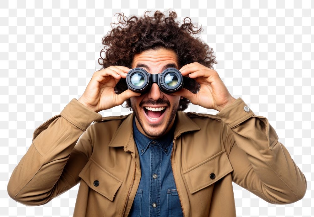 PNG A young handsome man looking through binoculars adult photo white background. 