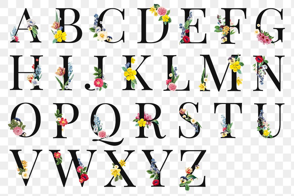 Floral alphabet png English capital letter set, transparent background
