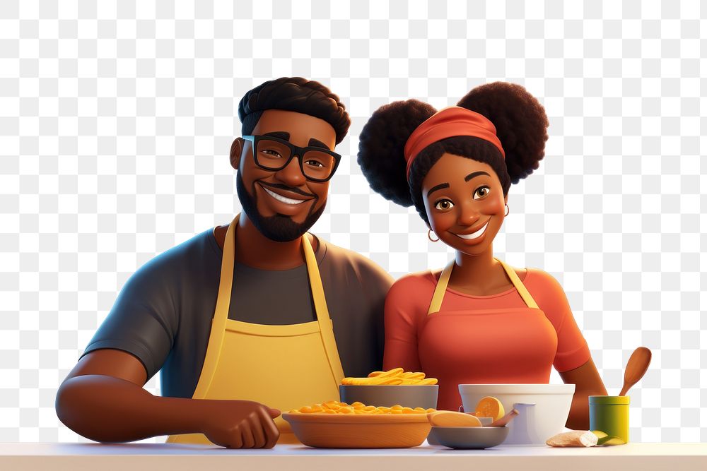 PNG Black couple cooking cartoon adult food. 