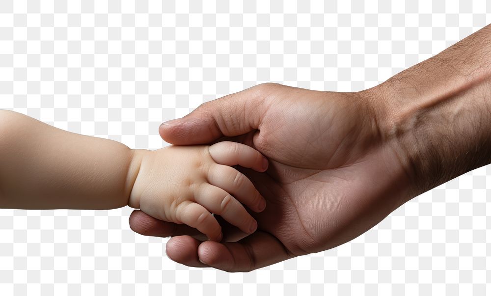 PNG Dad hand hold baby hand finger togetherness touching. 