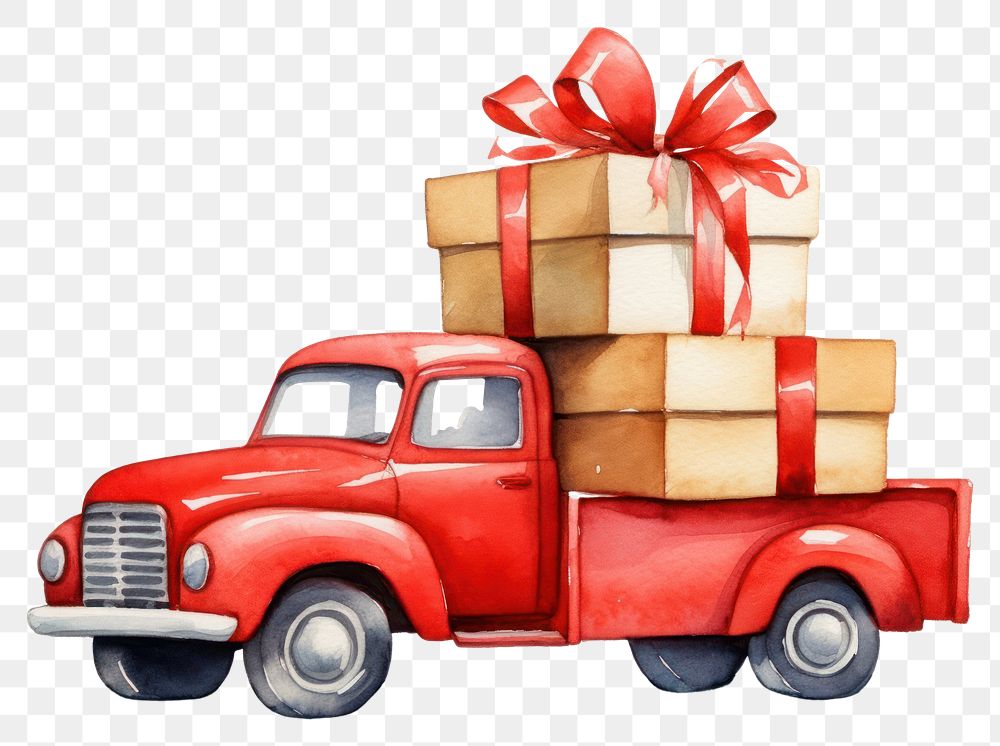 PNG Red Truck carrying gift boxs truck vehicle cartoon. 