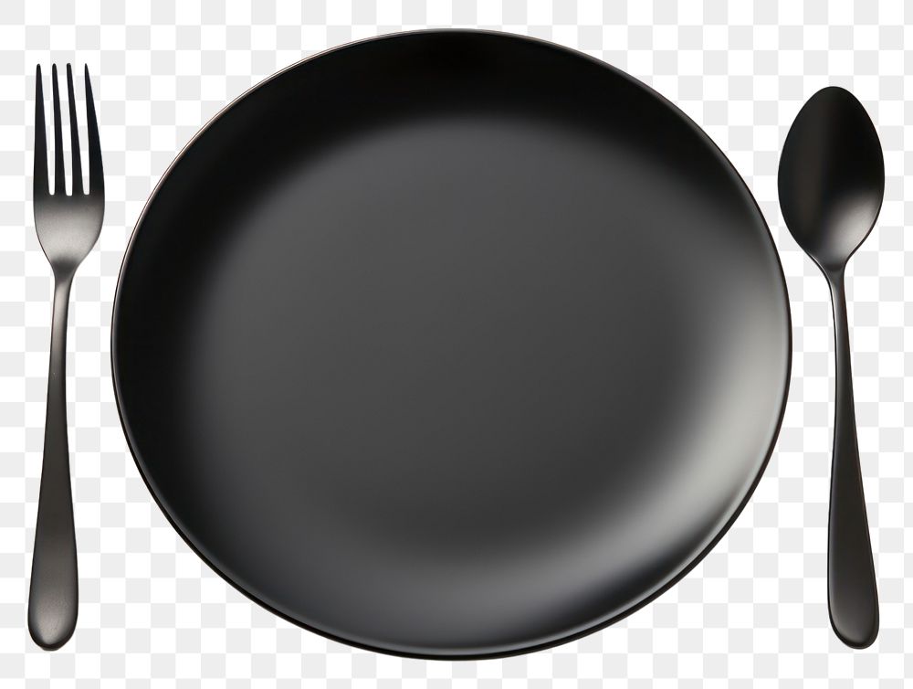 PNG Empty black plate spoon fork knife. AI generated Image by rawpixel.