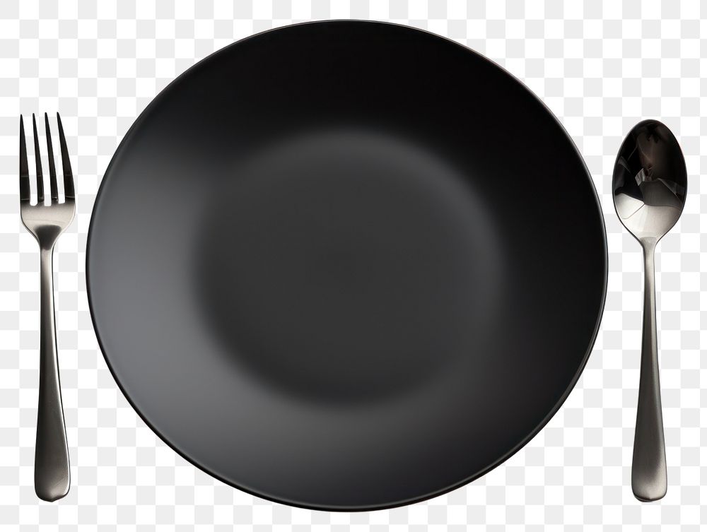 PNG Empty black plate spoon fork knife. 