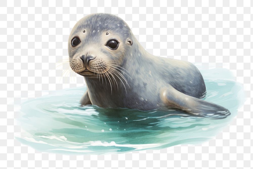 PNG Swimming seal drawing cartoon animal. 