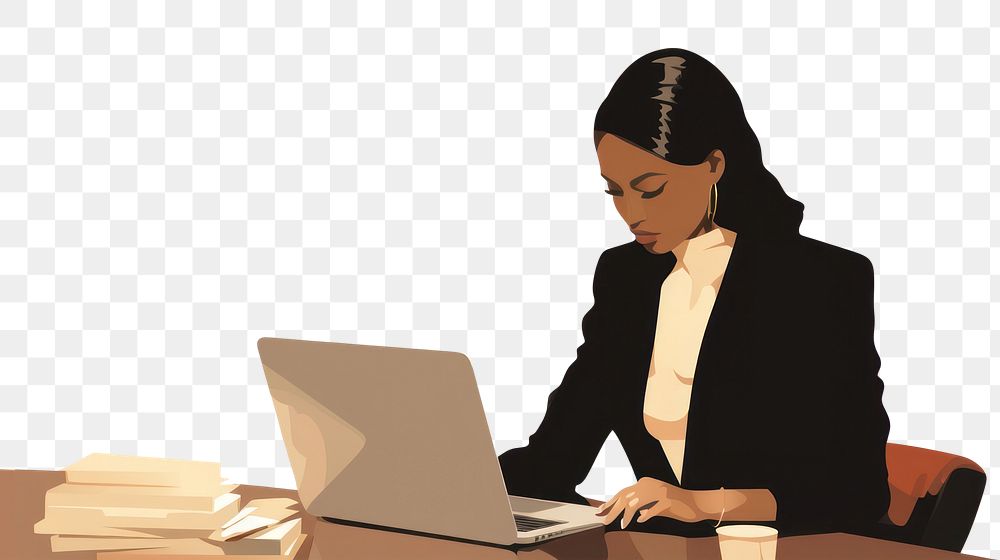 PNG Black business woman computer sitting working. AI generated Image by rawpixel.
