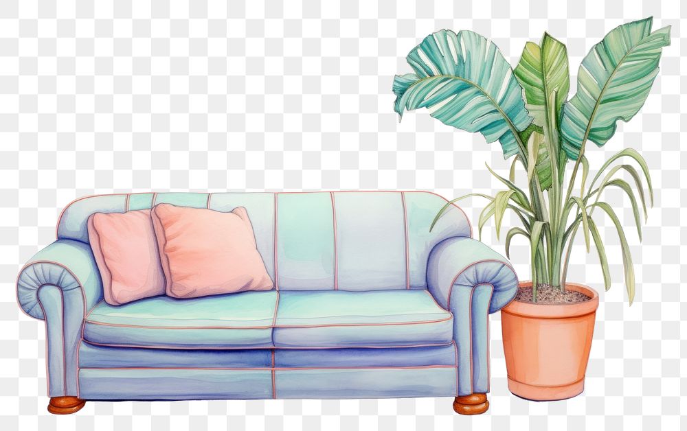 PNG Furniture sofa plant cushion drawing. AI generated Image by rawpixel.