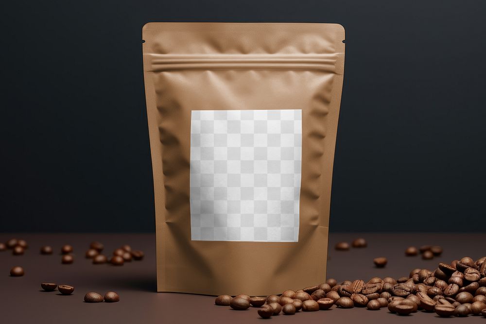 Coffee bean pouch png mockup, transparent product packaging