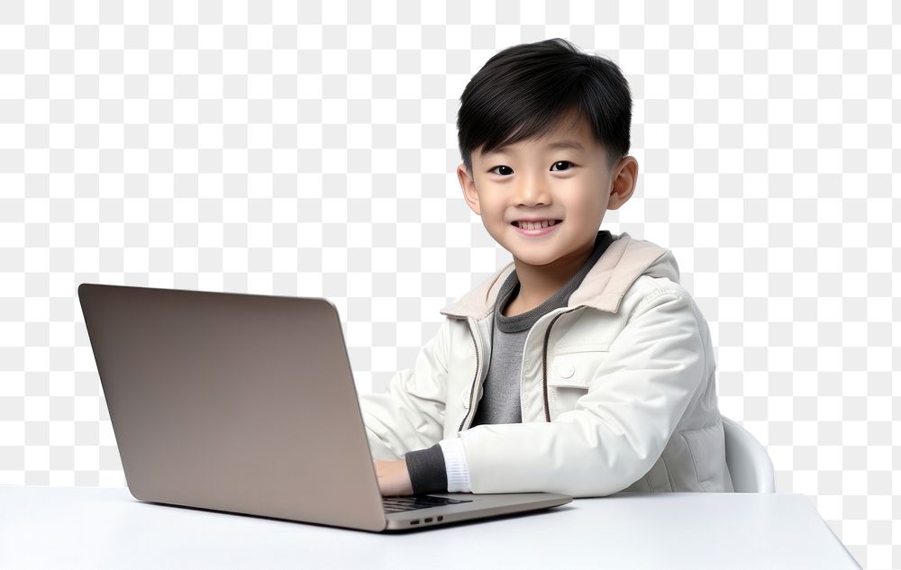 PNG Little asian boy student study online computer laptop smile. AI generated Image by rawpixel.