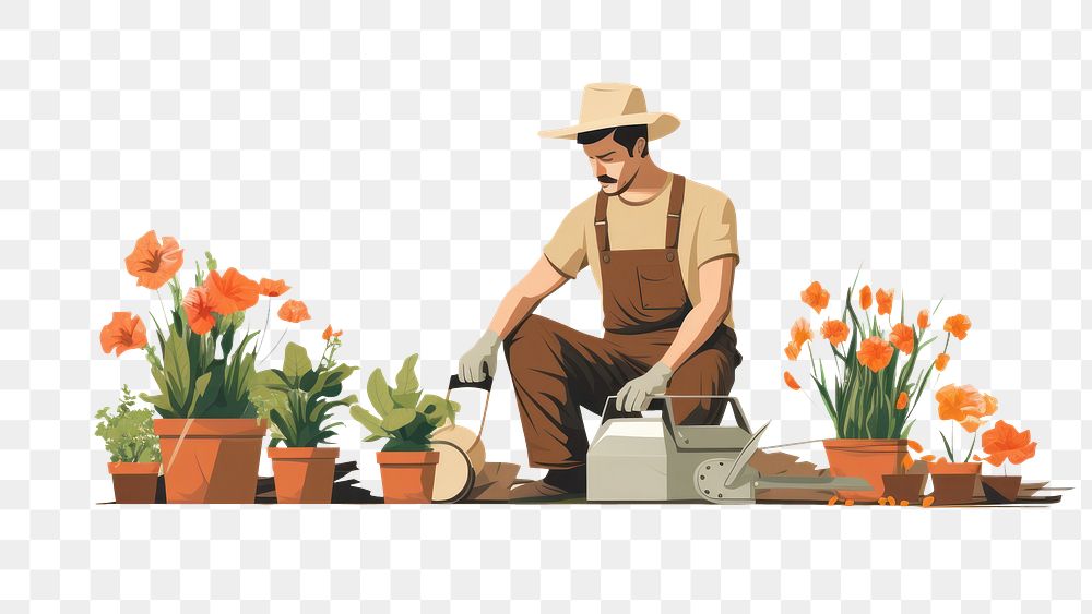 PNG Adult brearded man gardener gardening outdoors flower. AI generated Image by rawpixel.