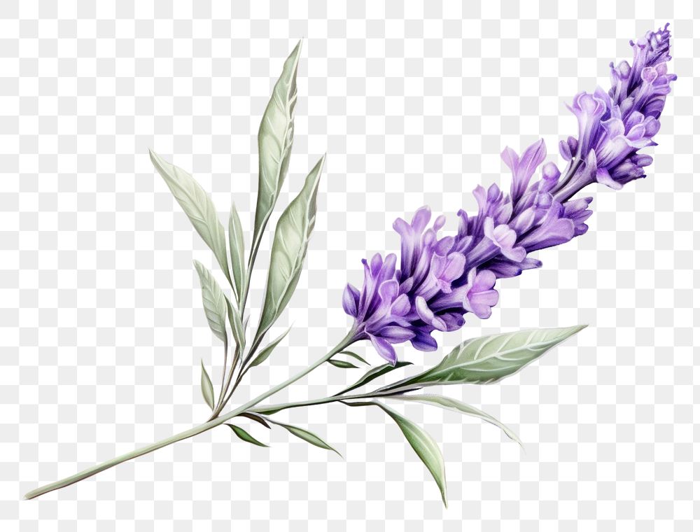 PNG Illustration of a lavender sprig with purple flowers and green leaves.