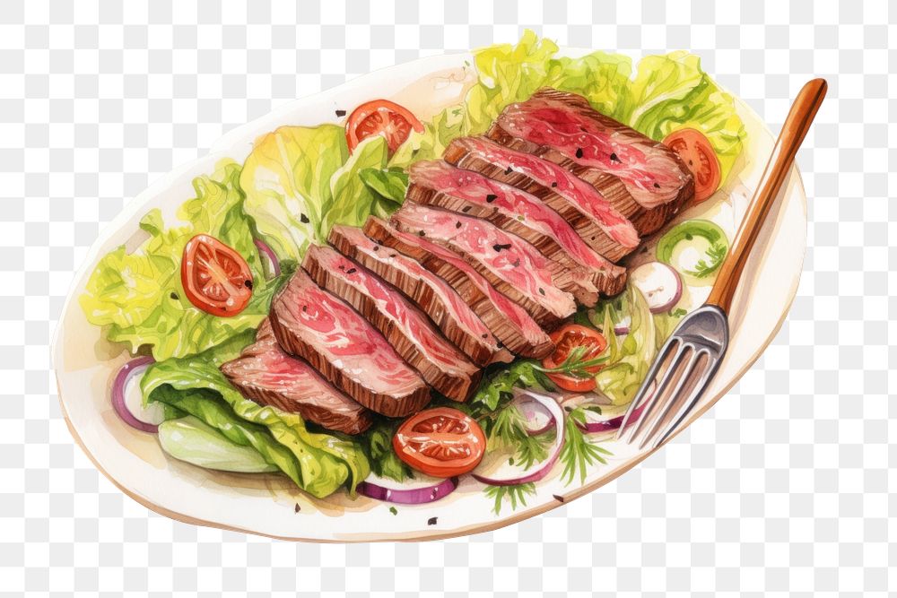 PNG Plate steak salad slice. AI generated Image by rawpixel.